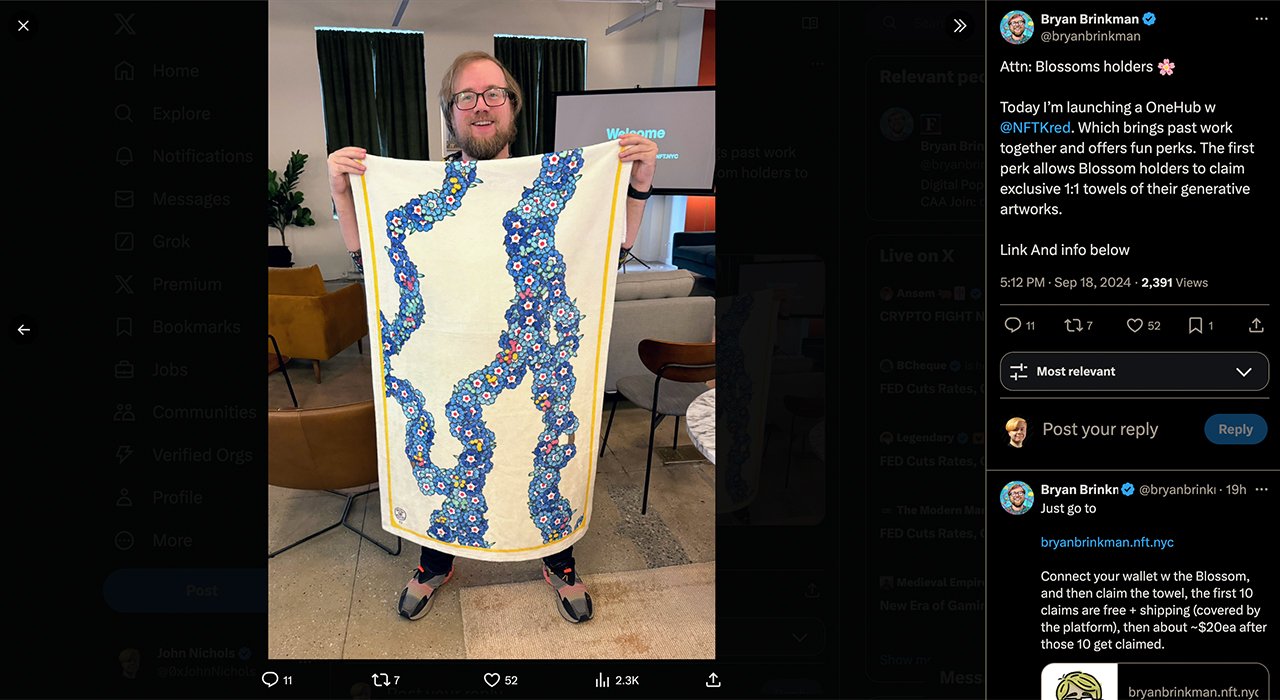 Bryan Brinkman Hits OneHub, Free Perk For Blossoms Holders - Towel